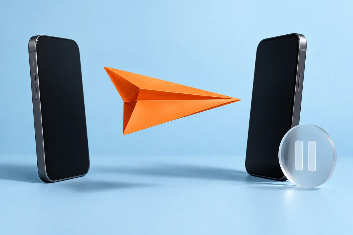 An orange paper airplane paused between two phones beside a glass pause symbol.
