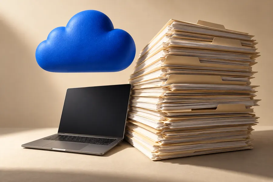 Conceptual illustration of a blue cloud and a laptop crowded by file folders.