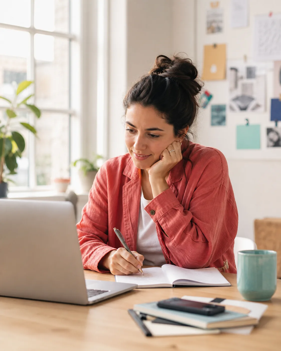 A creator planning at a laptop in a bright studio