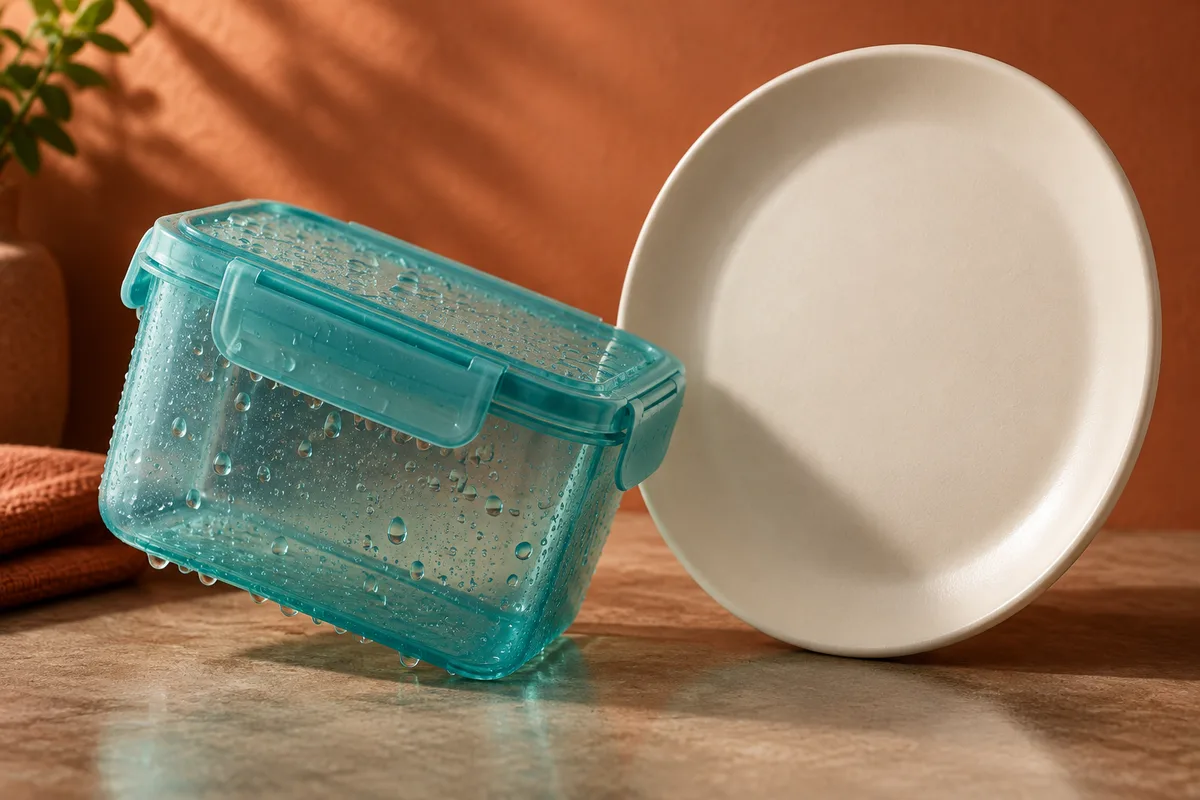 Conceptual still life of a teal lunchbox with water droplets beside a dry ceramic plate.