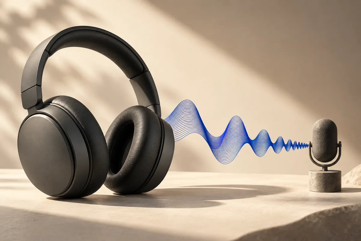 Editorial illustration of headphones and a microphone connected by a narrowing blue sound wave.