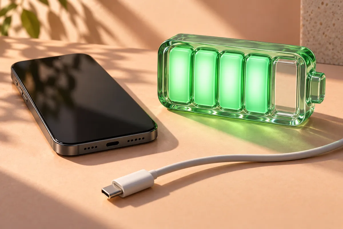 Glass battery with four green segments and one empty segment beside a phone.