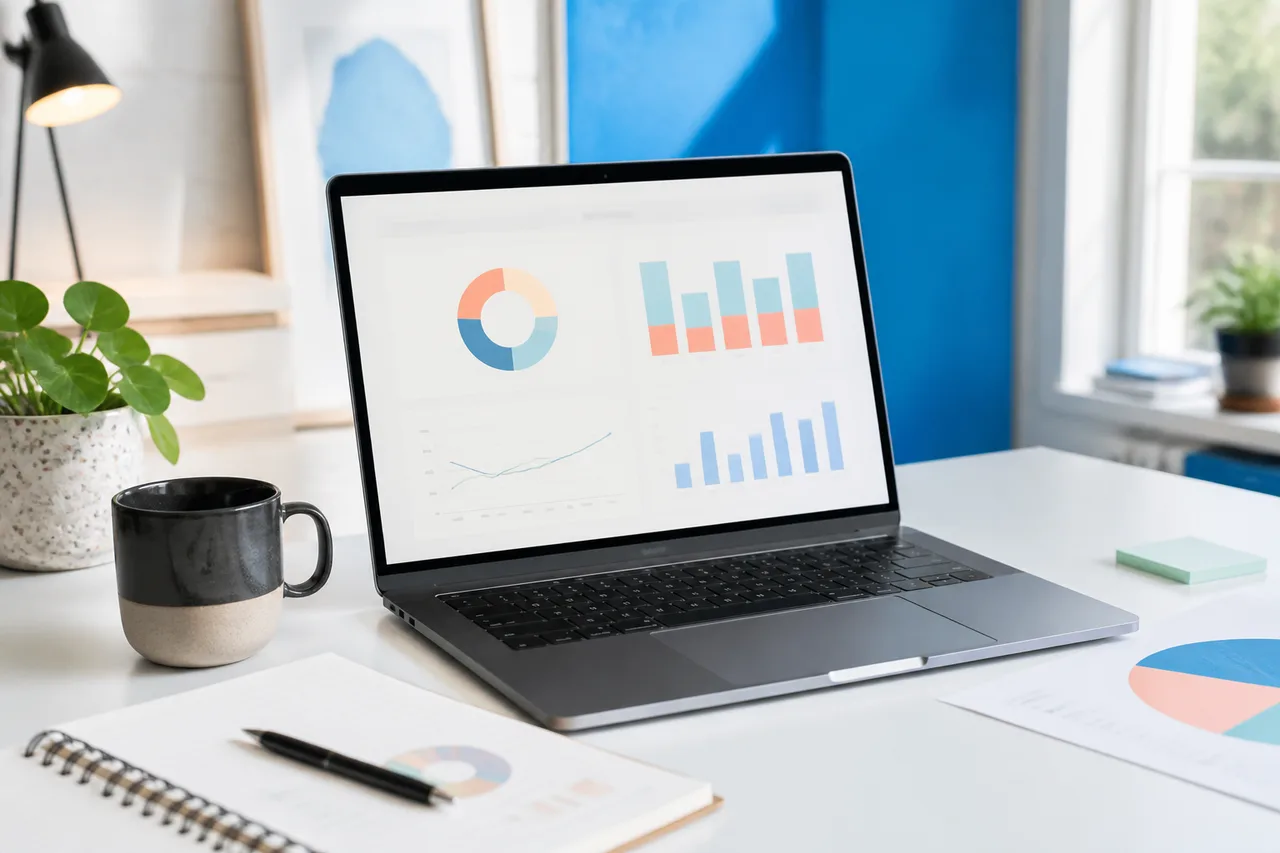 A laptop showing abstract cost charts on a bright desk