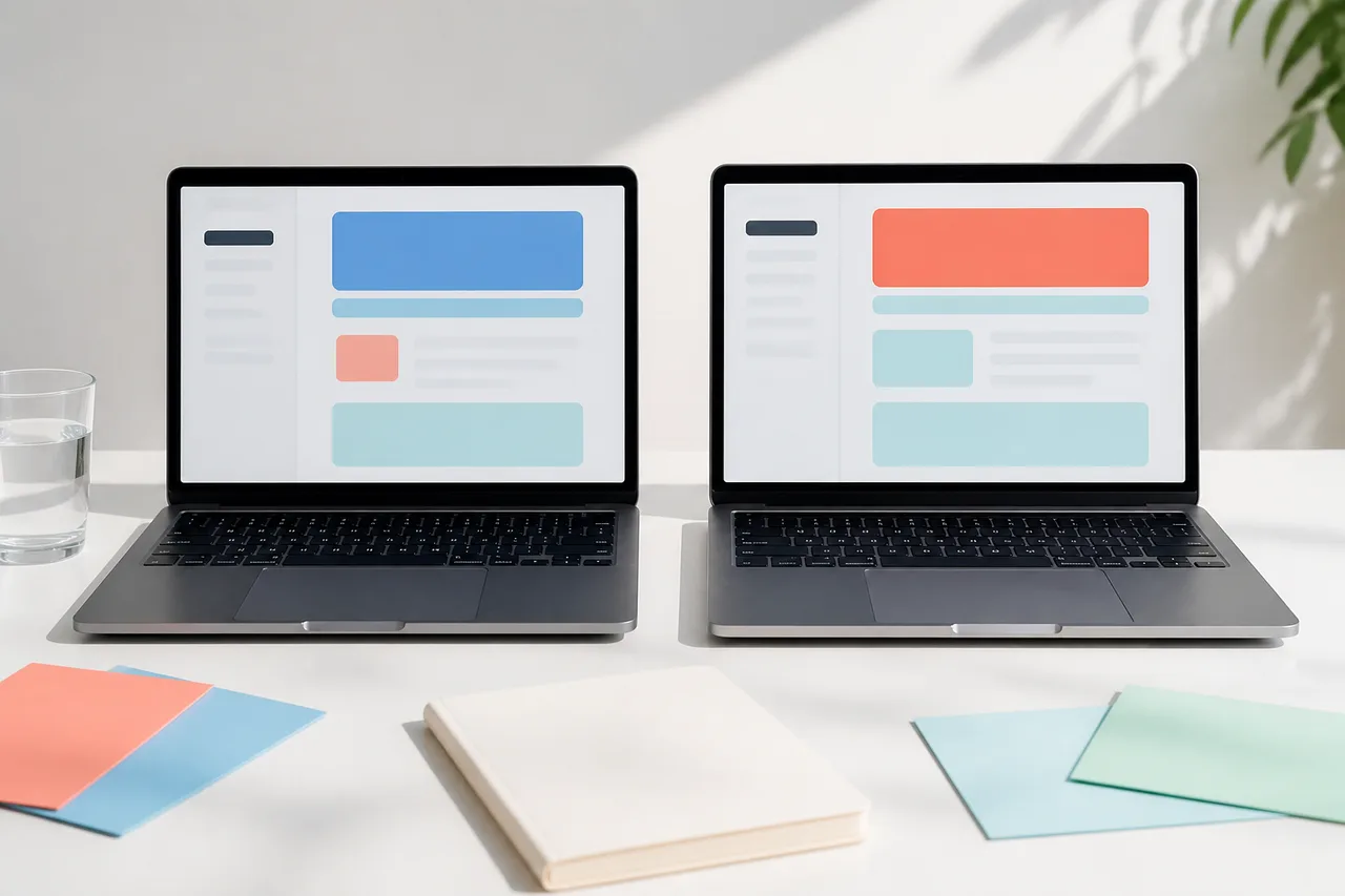 Two laptops showing abstract interfaces side by side