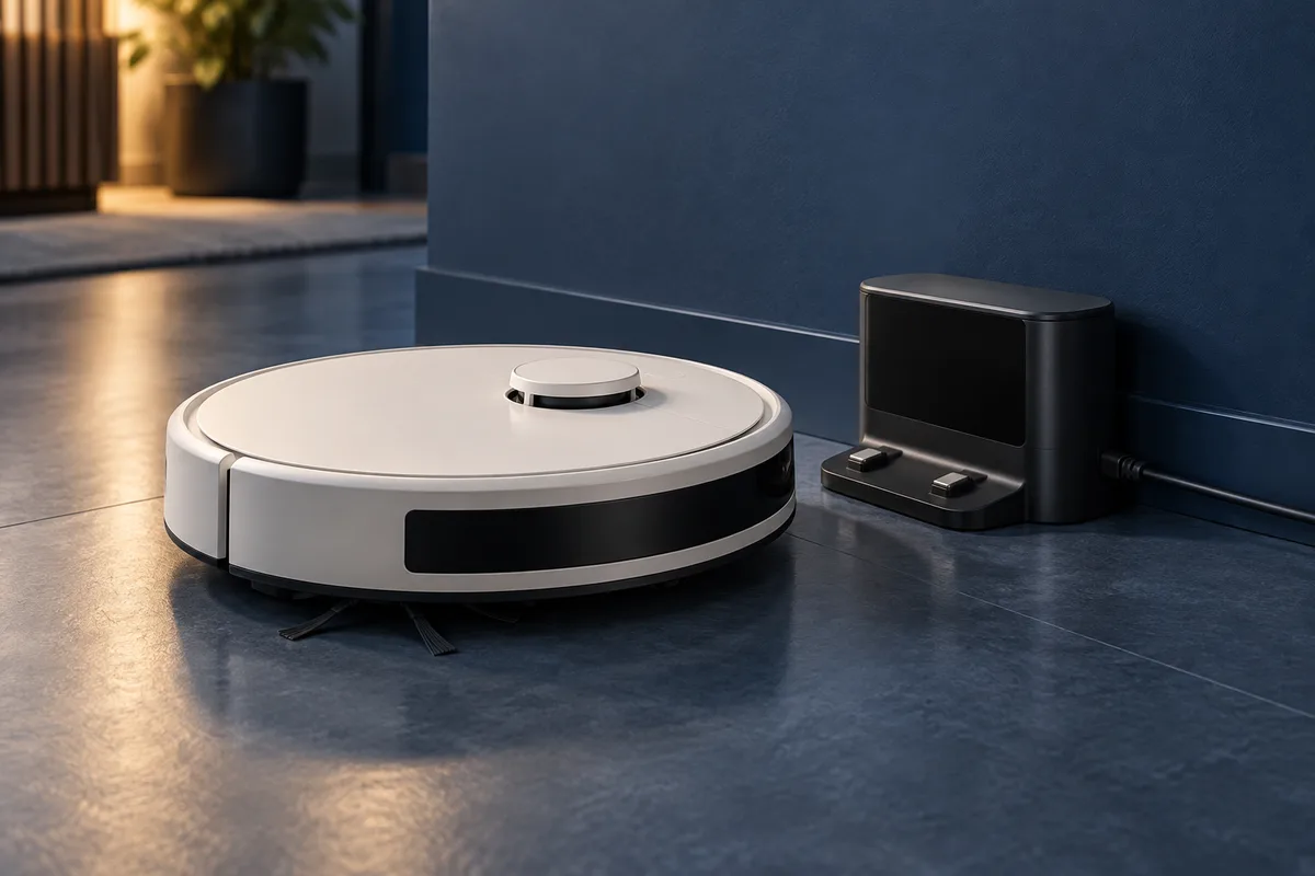 Ivory robot vacuum beside a charging dock on a dark blue floor, with a visible gap between them.