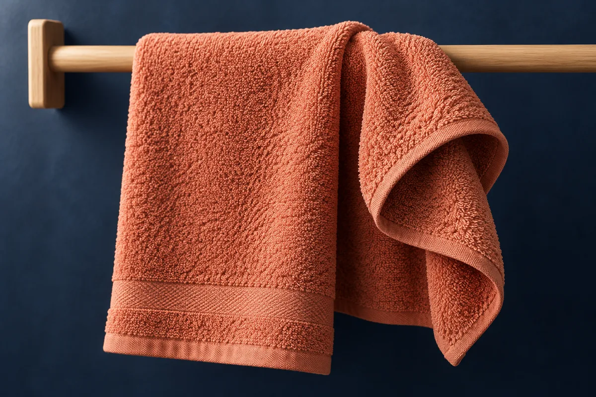 Coral cotton towel with a crisp fold and curled edge over a wooden rail on an indigo background.