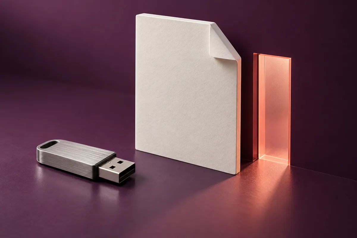 An oversized document beside a small doorway and a USB drive.
