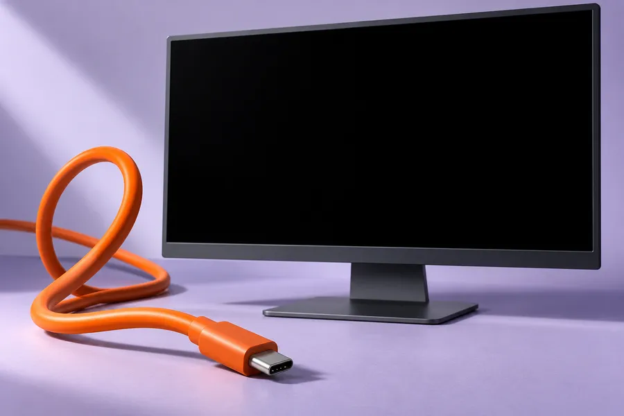 Illustration of a blank monitor beside a bright orange USB-C cable.