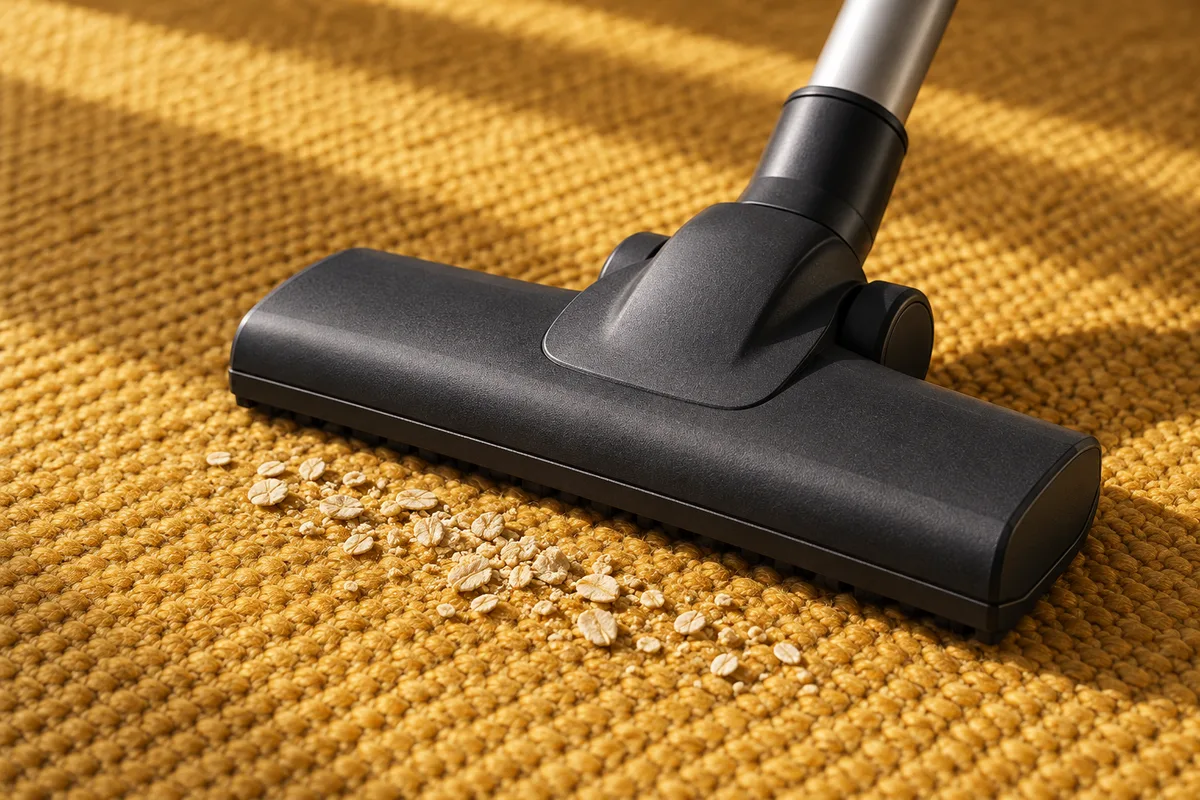 Charcoal vacuum floorhead beside pale crumbs on a mustard woven rug.